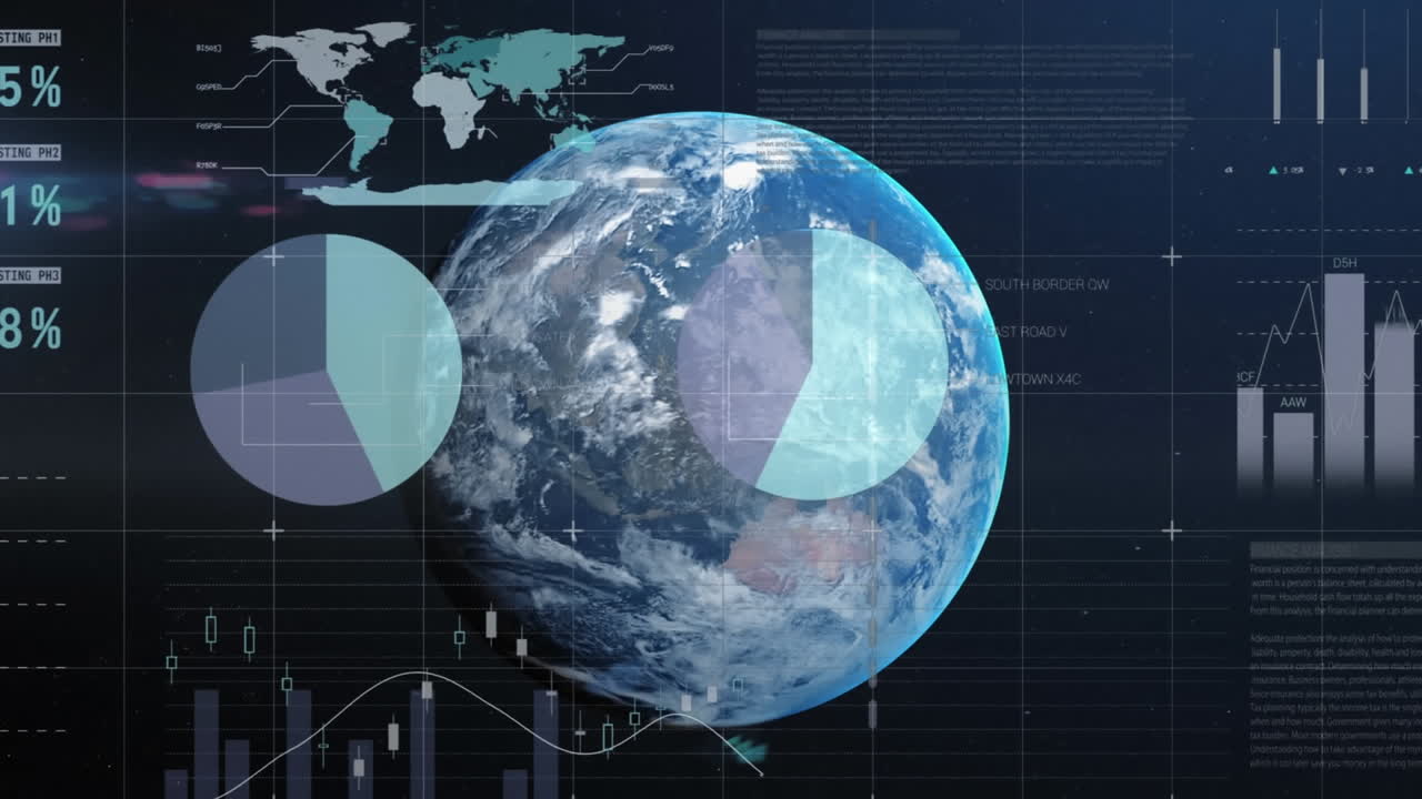 Animation of infographic interface over globe against abstract background