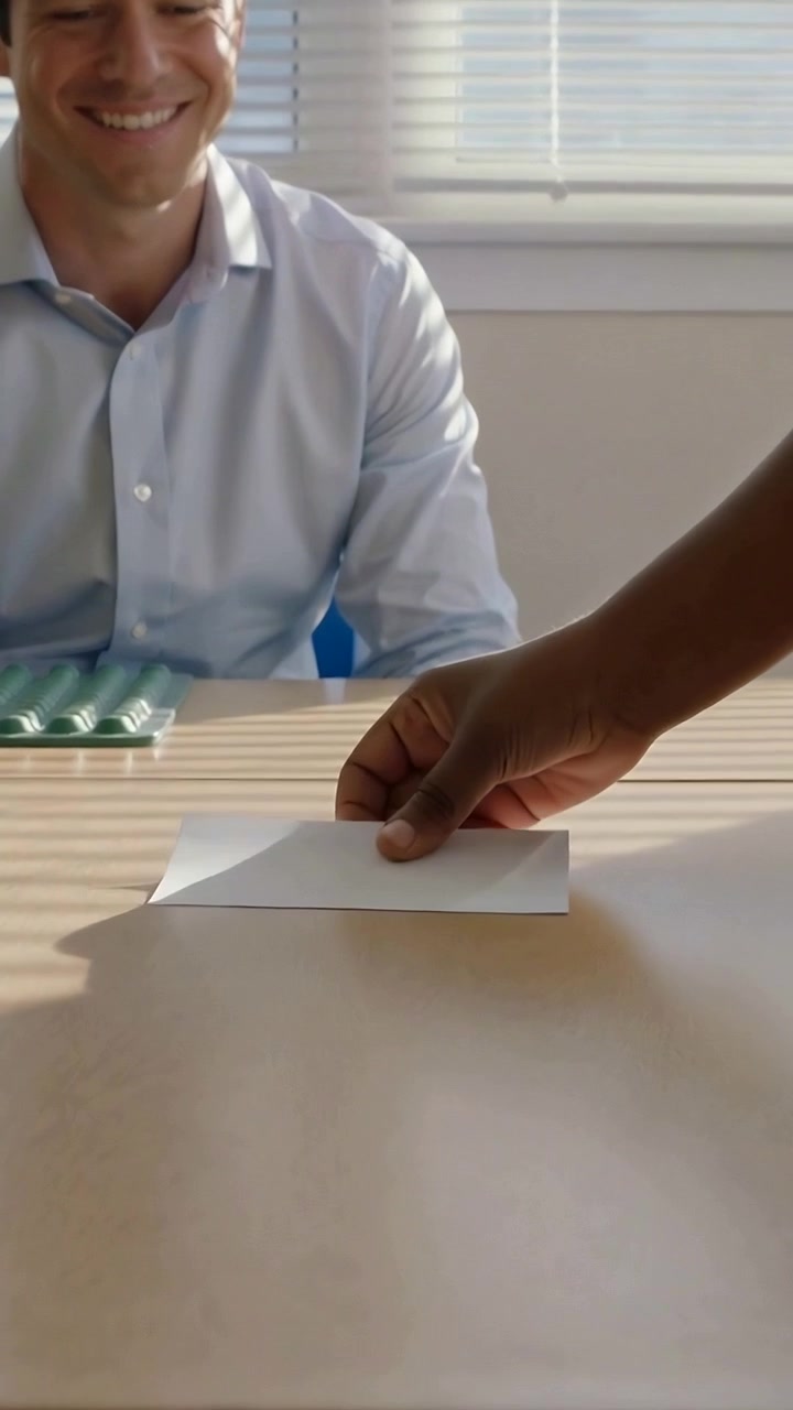 Video verticale: Mano che entra, uomo con maglia blu che prende una busta per lavoro alla scrivania, pacchetto verde
