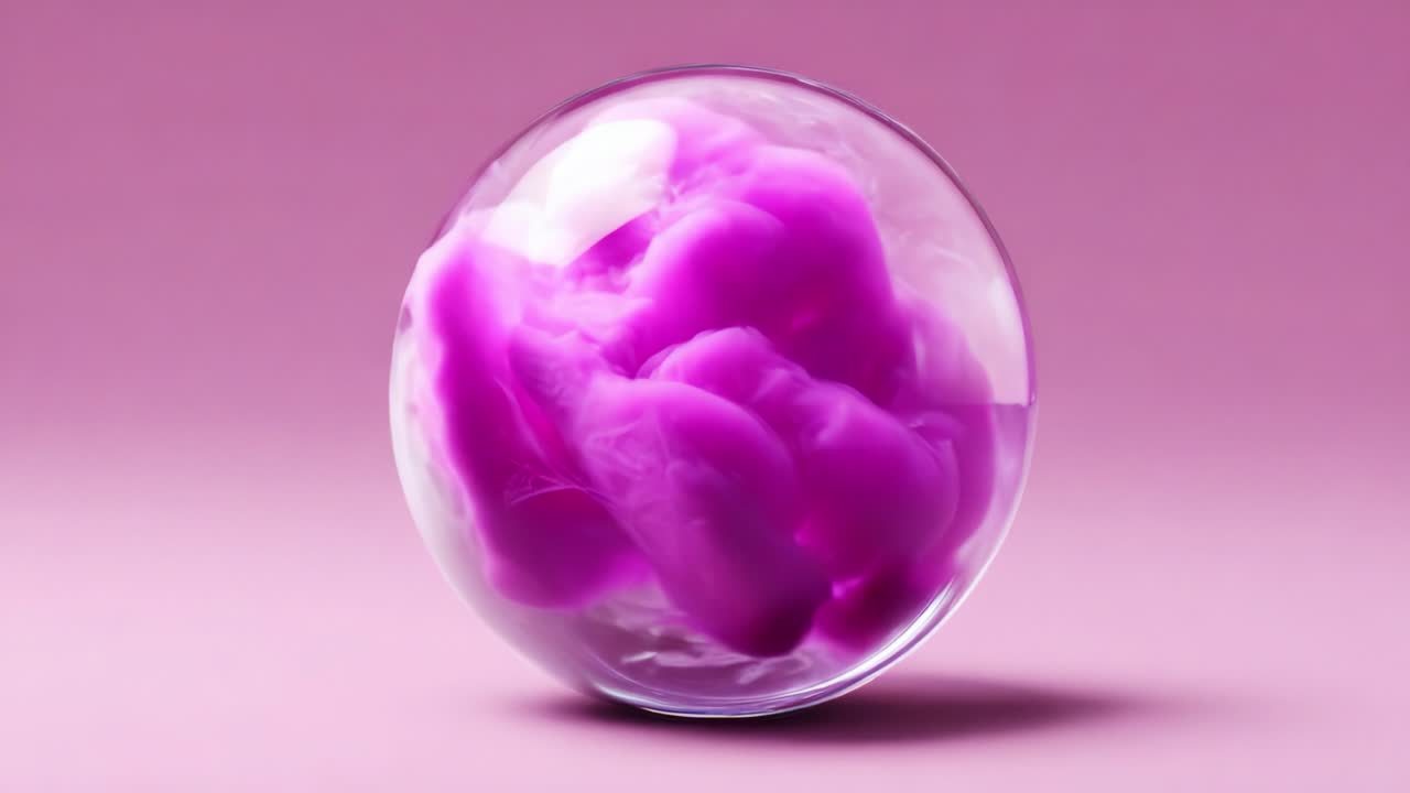 A Mesmerizing Display of Color: Swirling Purple and White Liquid in a Glass Sphere on a Soft Pink Background, Capturing the Beauty of Fluid Dynamics and Color Interaction