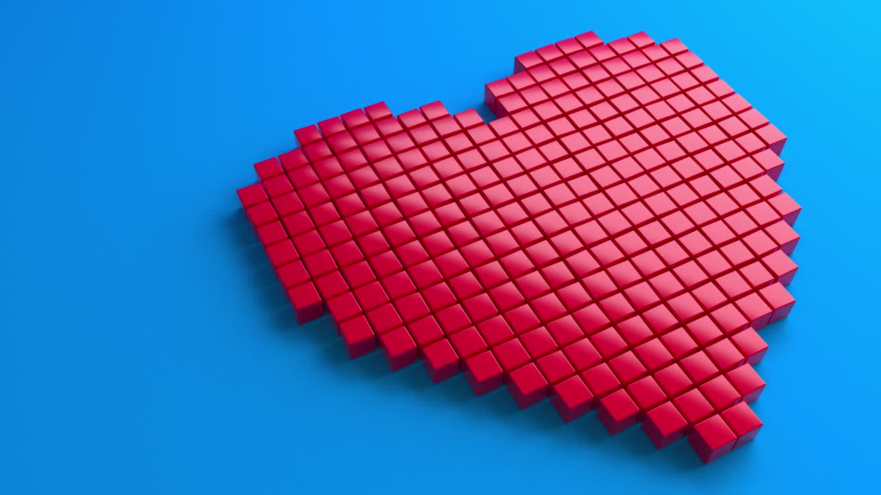 разбитое красное сердце кубиков на синем фоне. пиксельное сердце. любовь и день святого валентина. изолированное. круговое движение. 3d анимационная петля 4k