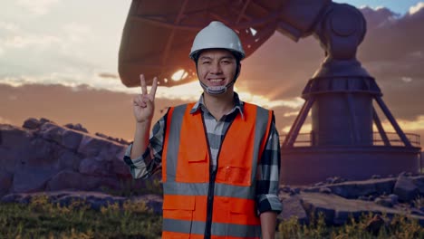 asian male engineer with safety helmet smiling and showing peace gesture while standing with large satellite dish