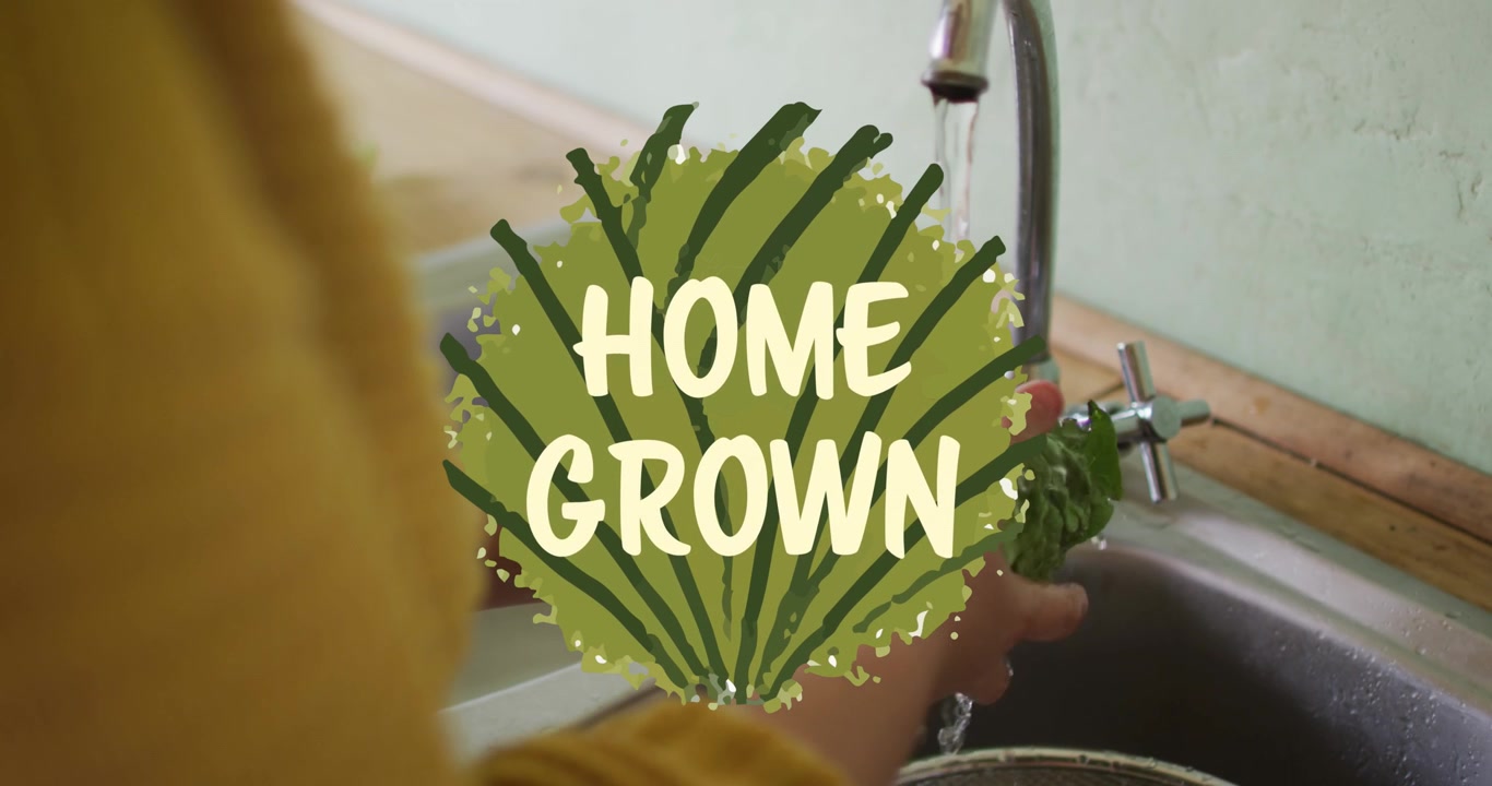 Animation of home grown text over hands washing vegetables