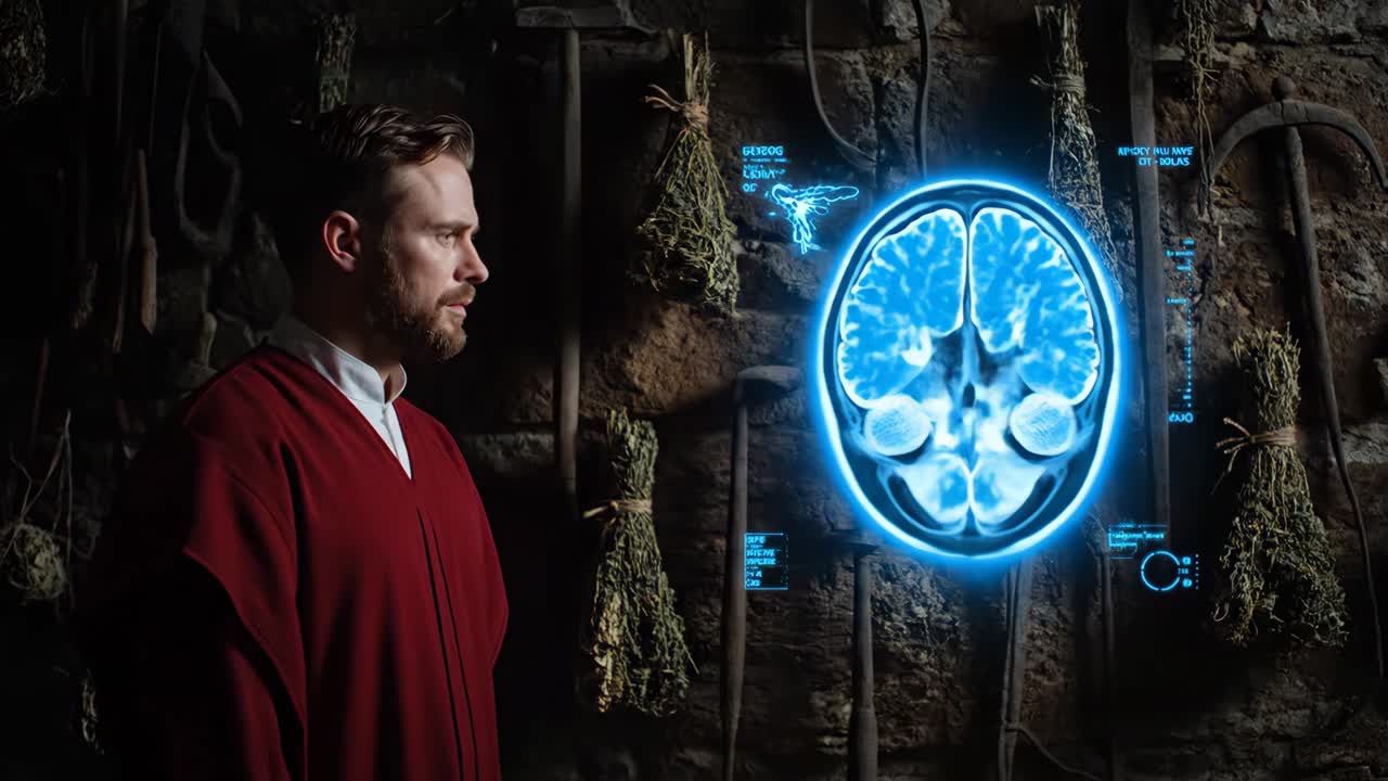 Futuristic Brain Scan with Man in Red Robe