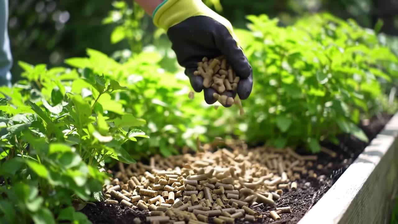 Gardener Spreading Organic Fertilizer Pellets in Lush Vegetable Bed, Promoting Healthy Growth and Sustainable Gardening Practices for Robust Plant Development