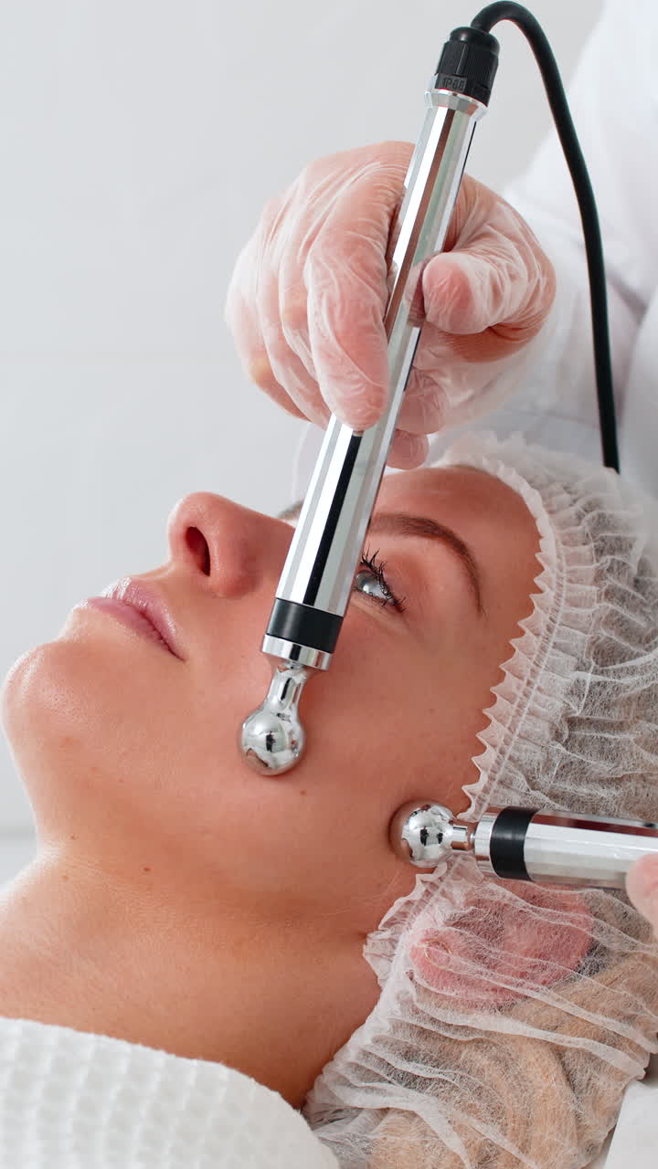 Donna adulta di mezza età si sottopone a terapia di microcorrente per il contorno occhi da un'estetista in una moderna clinica di bellezza