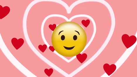 animación del emoticón de beso sobre corazones rojos flotando sobre corazones blancos sobre fondo rosa