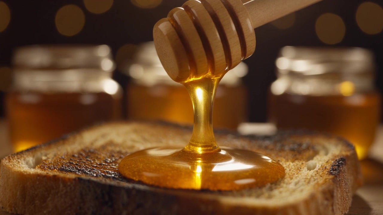 Miele dorato che cola da un mestolino su pane tostato