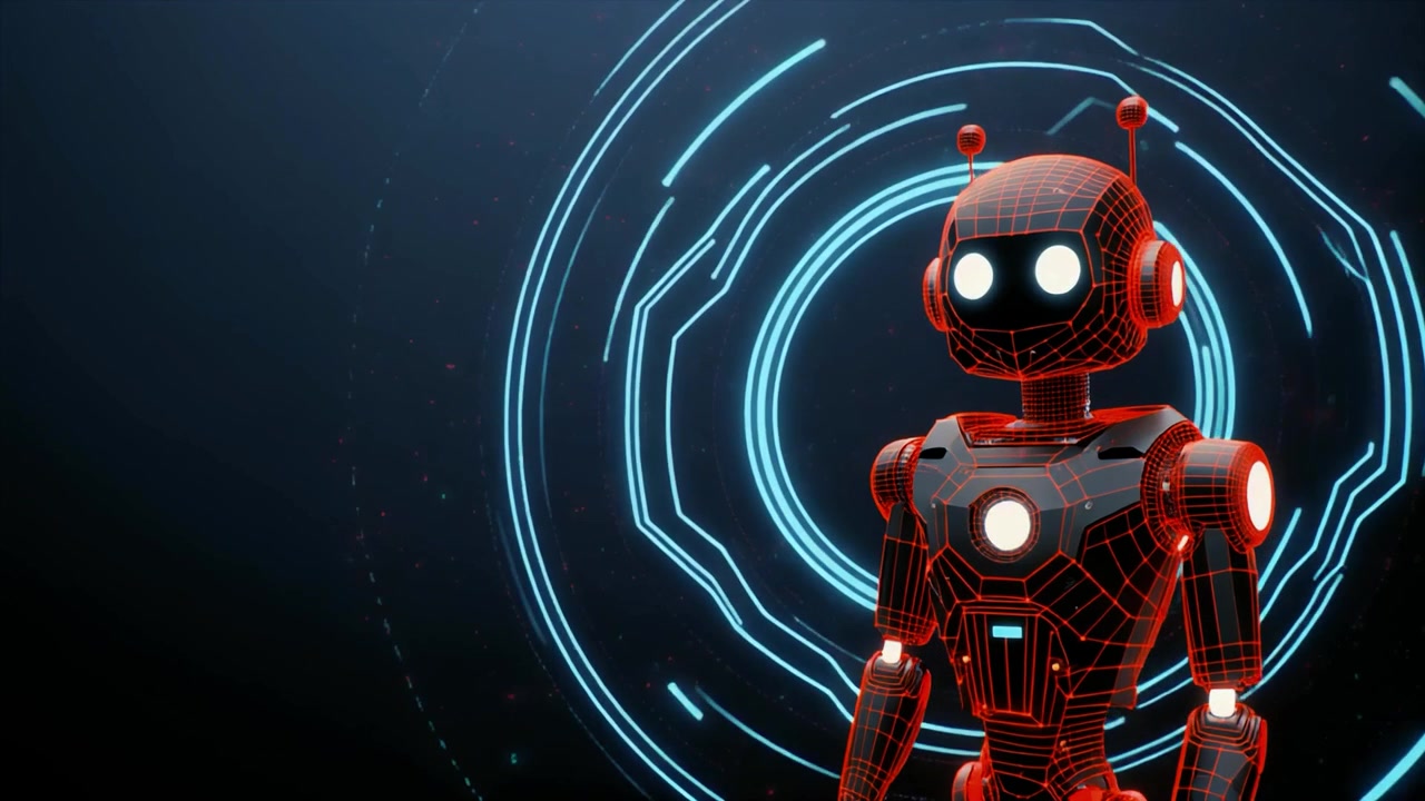 Robot futuristico a wireframe rosso in piedi davanti a un'interfaccia digitale blu luminosa