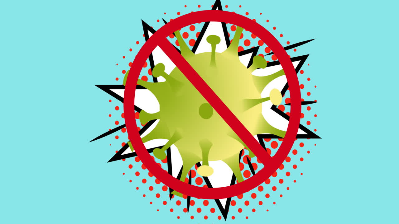 animación de un cartel de prohibición con células del virus covid 19 moviéndose