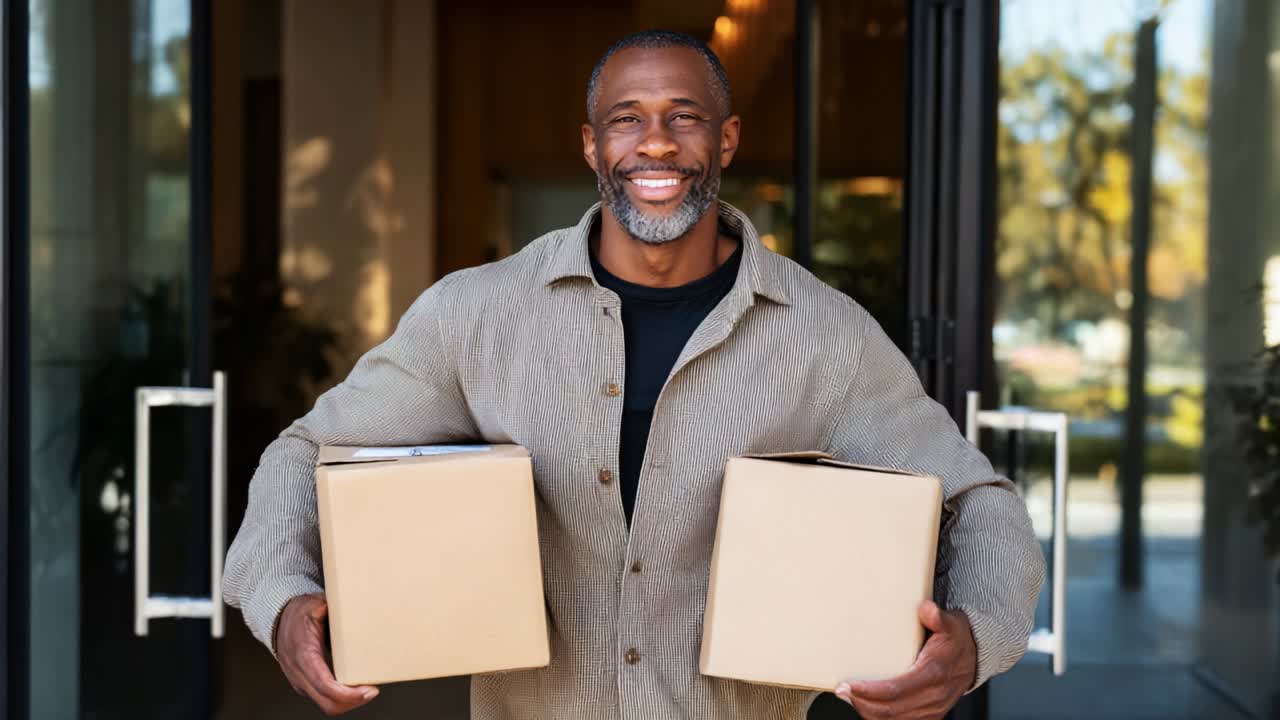 A joyful delivery man stands at the entrance with two boxes in his hands, radiating happiness and friendliness while showcasing the positivity associated with receiving packages in a welcoming environment