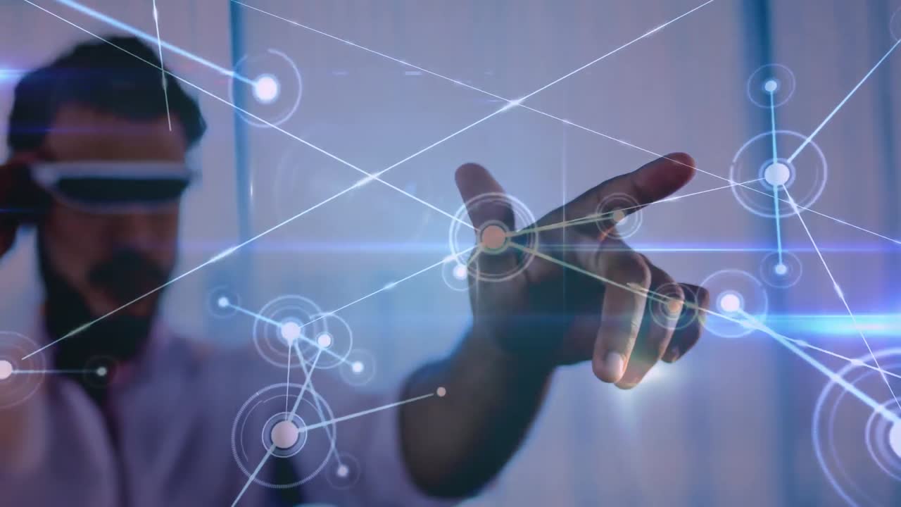 Animation of network of digital connections over businessman wearing vr headset