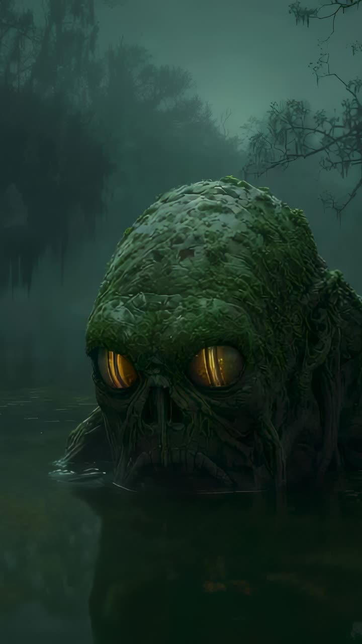 Vertical video: Lurking mossy creature sensing air, surfacing in misty swamp with rippling droplets