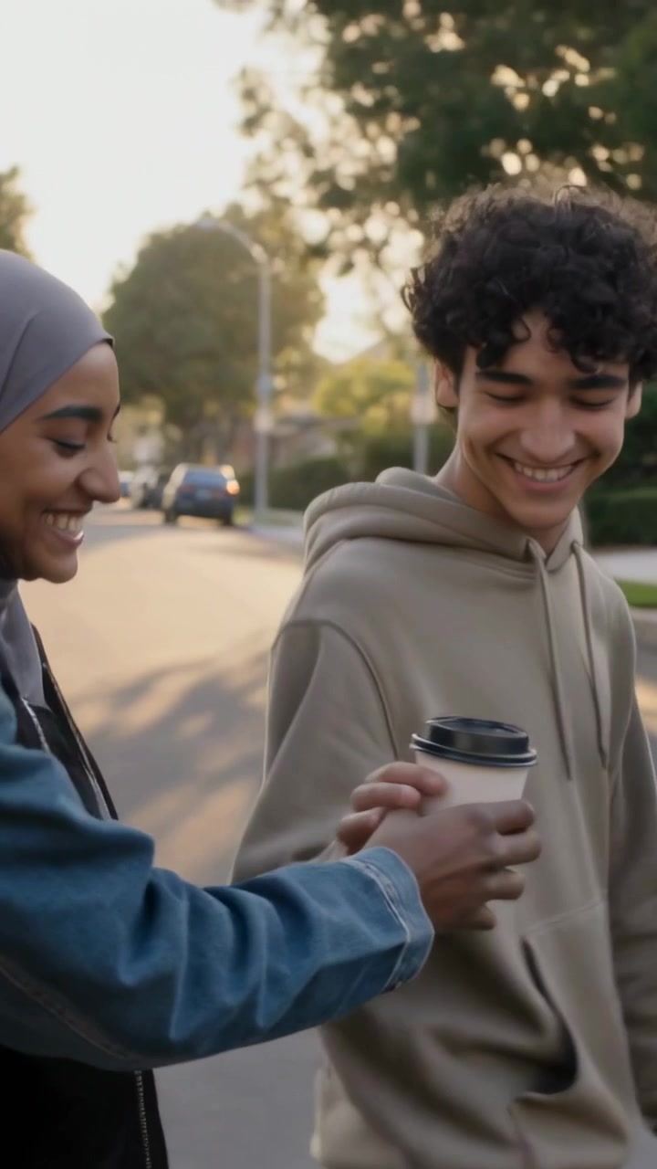 Vertical video: Walking left, three friends passing cup on sidewalk sharing coffee wearing hijab