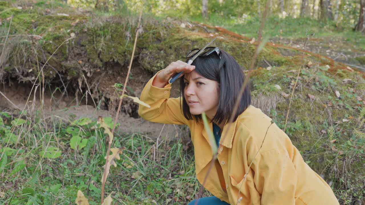 Young asian woman scouting mossy forest slope during camping trip, wearing yellow jacket while crouching to inspect hollow near birch roots, curious gaze and gentle gesture, soft daylight
