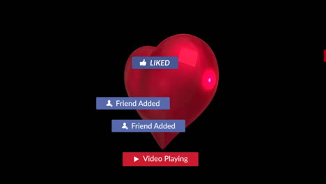 animación del corazón y las reacciones de las redes sociales sobre un fondo negro