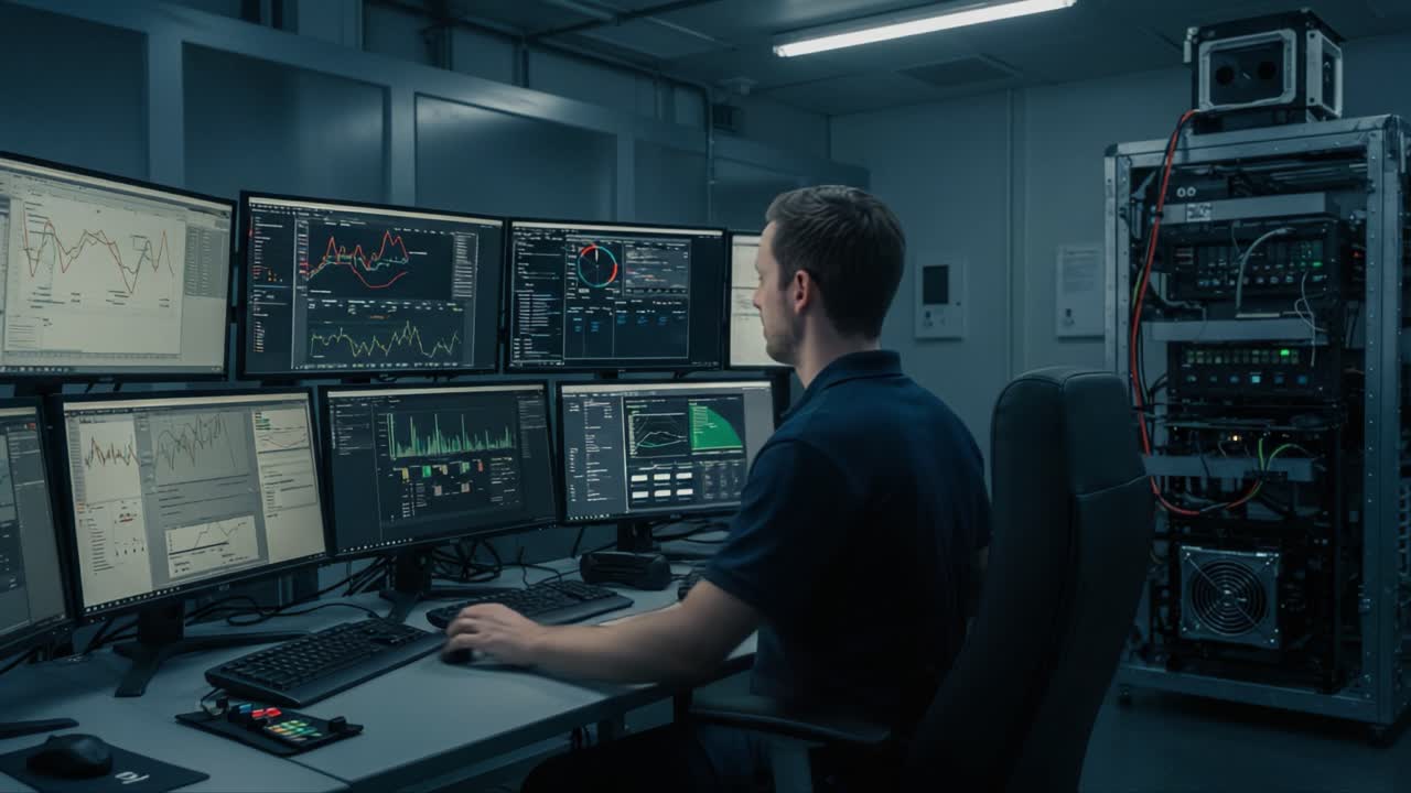 A focused individual analyzes complex data on multiple screens in a high-tech control center, showcasing the blend of technology and human expertise in modern analytics
