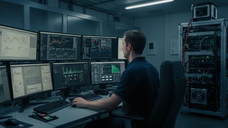 a focused individual analyzes complex data on multiple screens in a high-tech control center, showcasing the blend of technology and human expertise in modern analytics