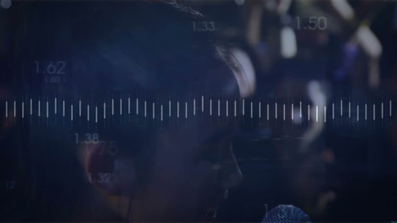 Mic entering, performer turning and singing during concert, waveform tracking vocals and phones