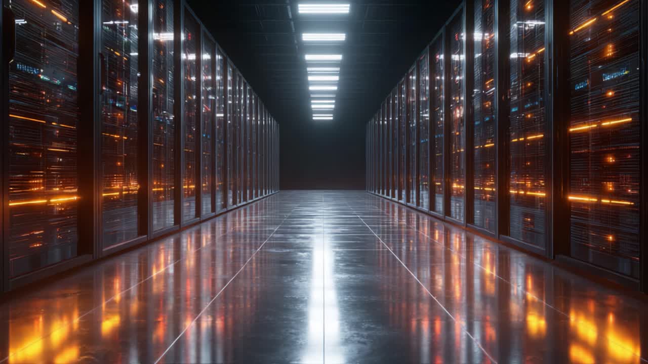 Et højteknologisk datacenter med belyste serverreoler: Et indblik i banebrydende infrastruktur til moderne computer- og netværksløsninger.