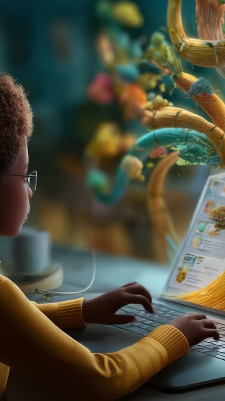 A colorful tree of creativity emerging from a laptop, symbolizing growth and innovation as a young person engages in thoughtful exploration in a vibrant setting