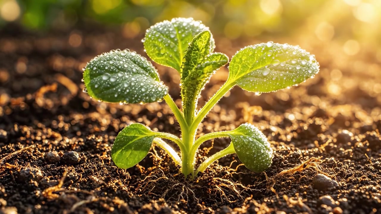 The Transformative Journey of Soil: From Bare Earth to Flourishing Greenery with Fresh Leaves and Morning Dew - A Tale of Growth and Renewal