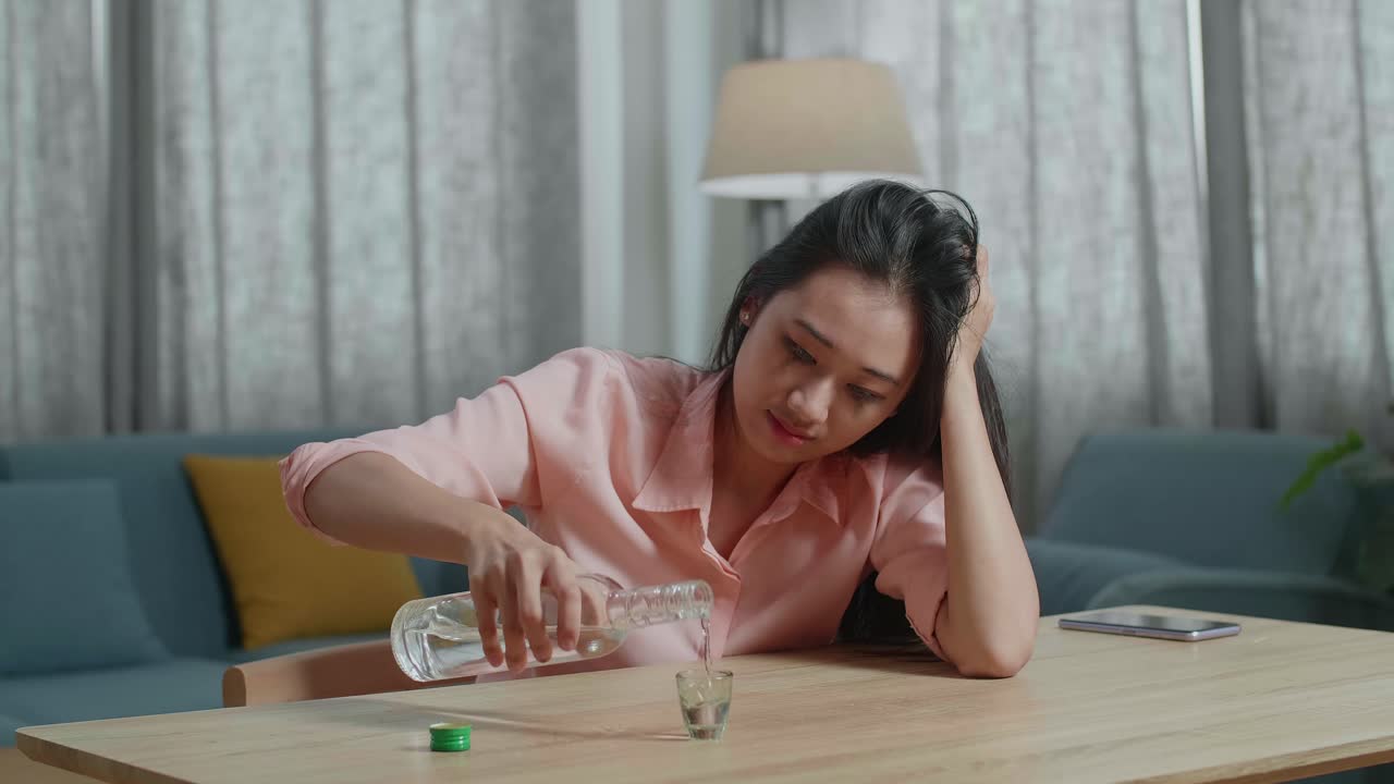 술에 취한 아시아 여성이 보드카를 마시며 집에서 카메라를 쳐다보고 있습니다.