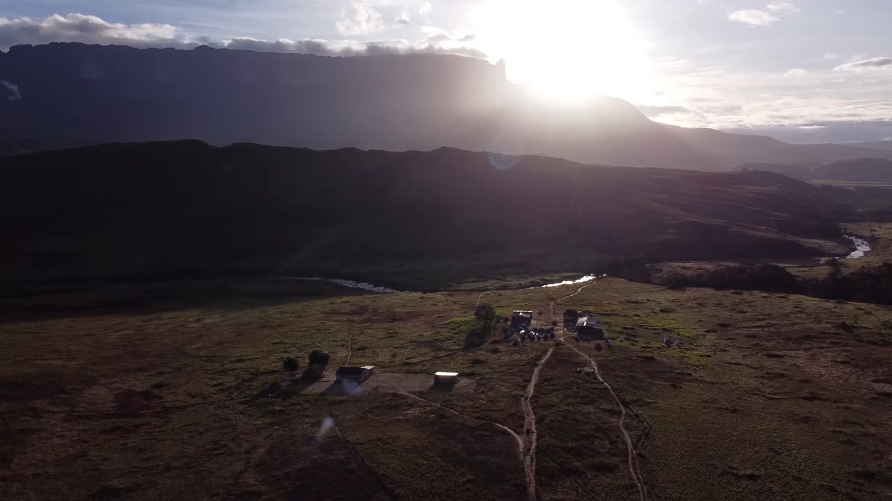 Scenic cinematic aerial view of base camp on hike of Roraima Tepuy National Park, Venezuela
