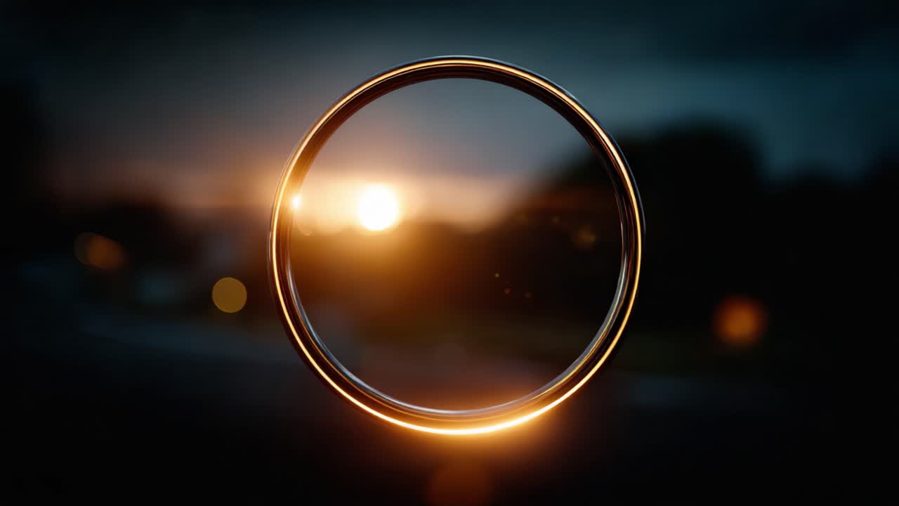 Un precioso anillo brillante capturado durante una majestuosa puesta de sol, que simboliza el infinito y la elegancia en una impresionante componente visual de luz y naturaleza.