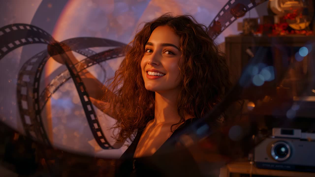 Holding 35 mm film up, woman inspecting frames for quality near projector under amber bokeh light
