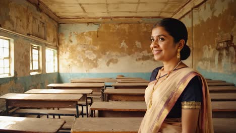 experienced female educator wearing colorful sari standing near vintage classroom interior, highlighting educational challenges in rural indian school setting