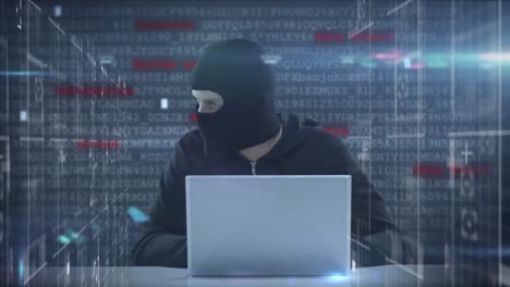 red de conexiones, procesamiento de datos en servidores informáticos a través de un hacker masculino que usa una computadora portátil