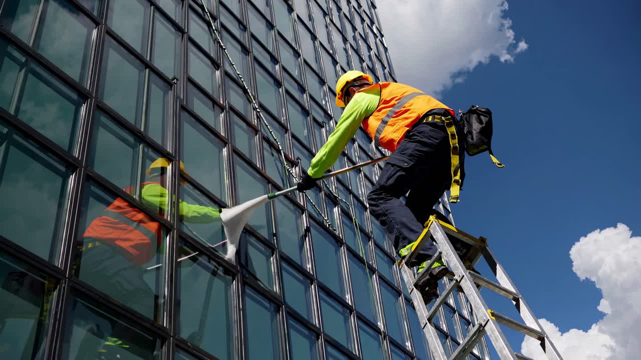 limpiador de ventanas en un edificio de gran altura