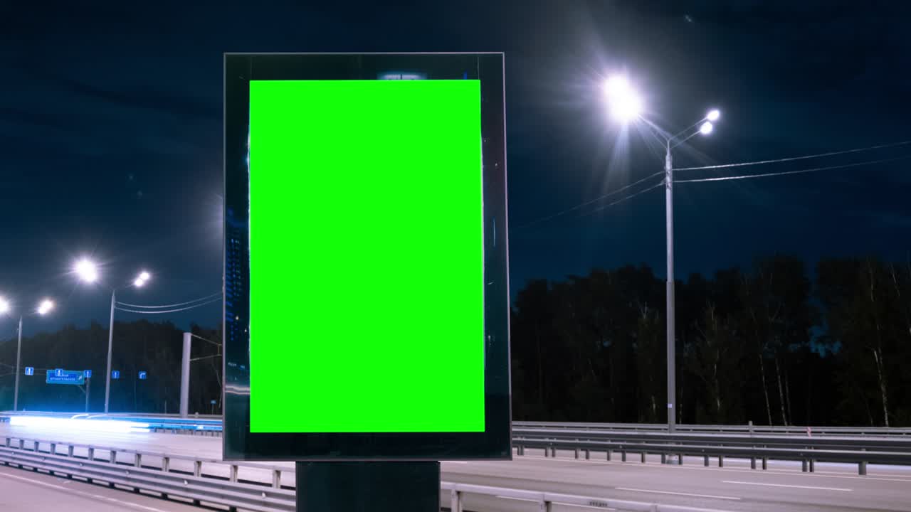 Cartellone pubblicitario con schermo verde su un'autostrada trafficata con traffico, luci al neon