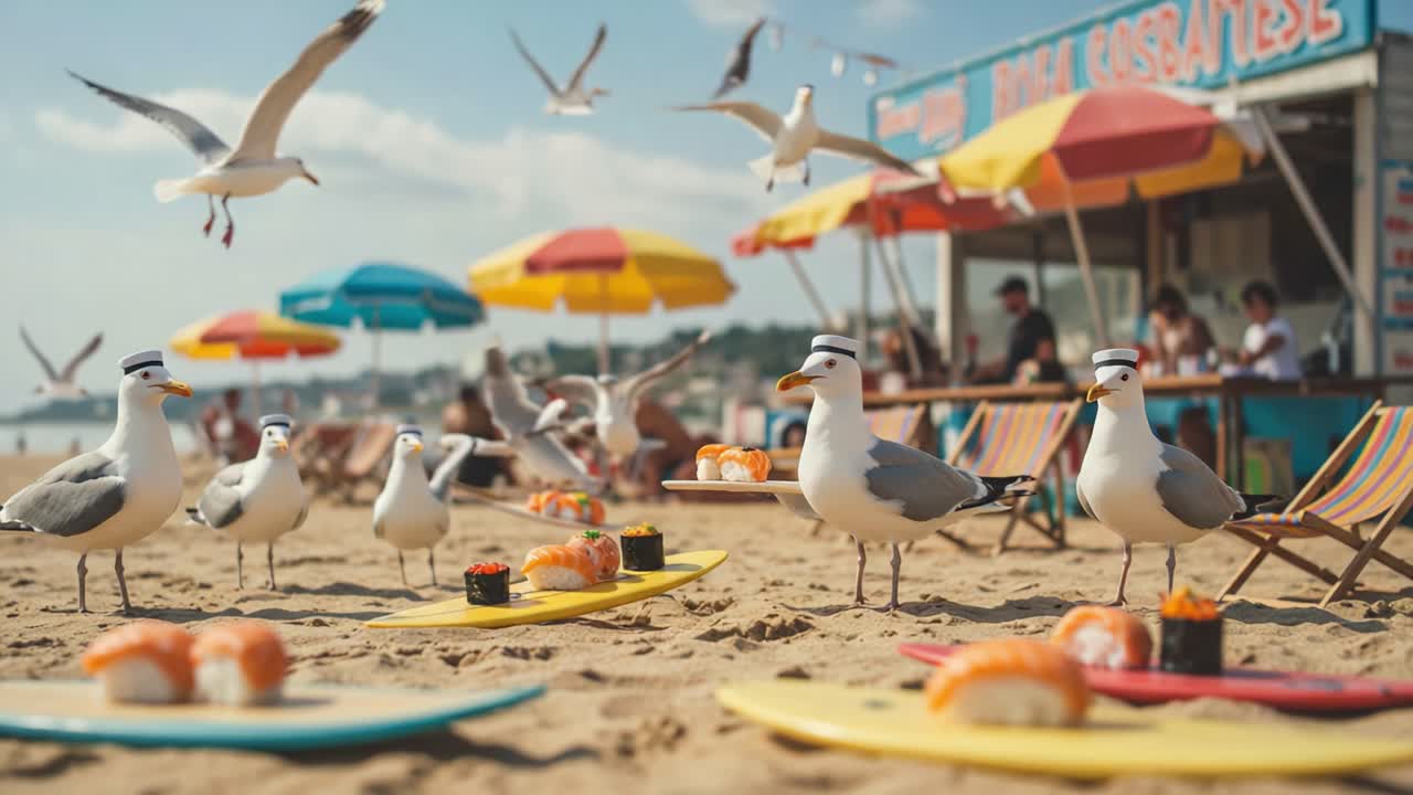 A Beach Delight: Seagulls Serving Sushi on Surfboards Under Colorful Umbrellas, Capturing a Quirky Coastal Scene Full of Fun and Flavor