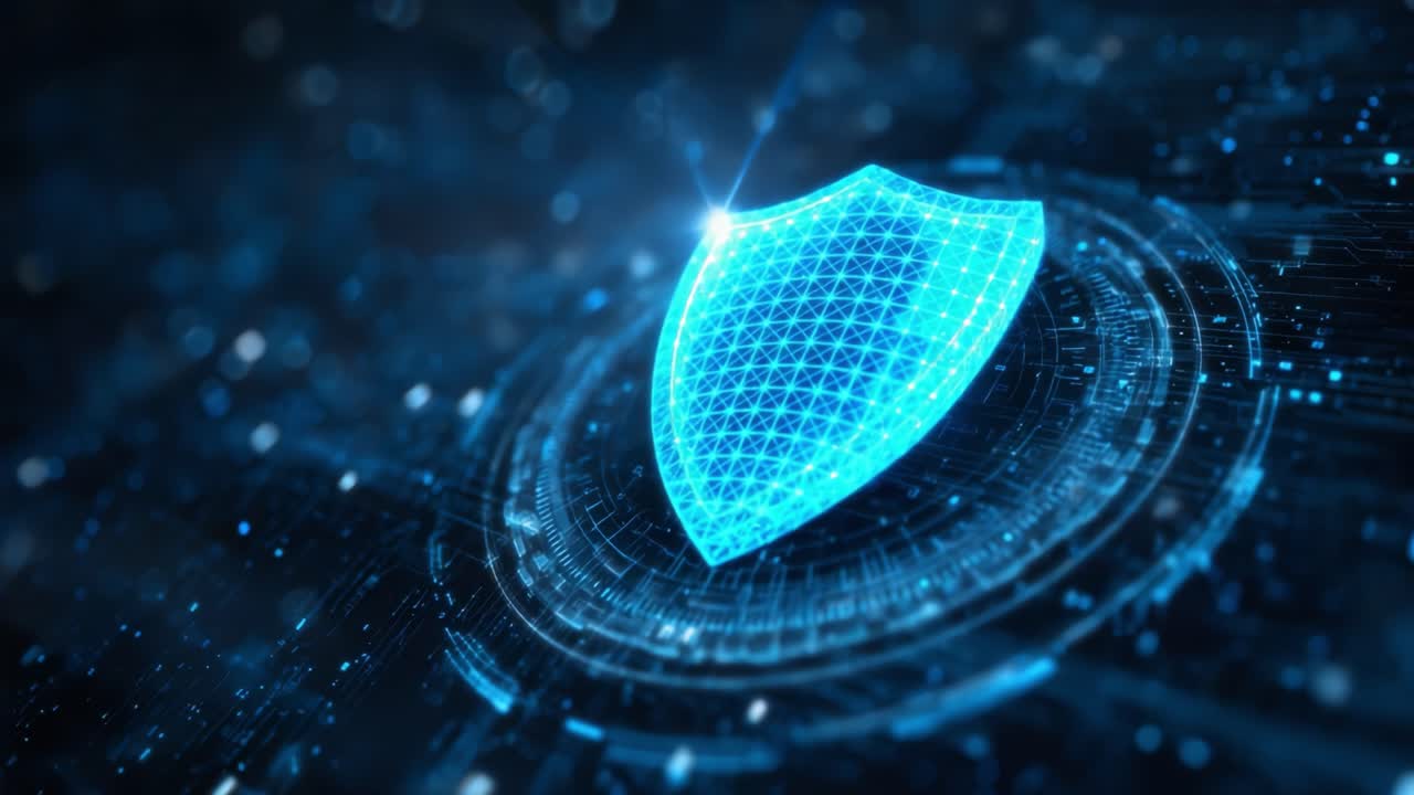 A Stunning Visualization of Digital Security: A Futuristic Shield Representing Cyber Protection and Safe Data Management in a Tech-Driven World