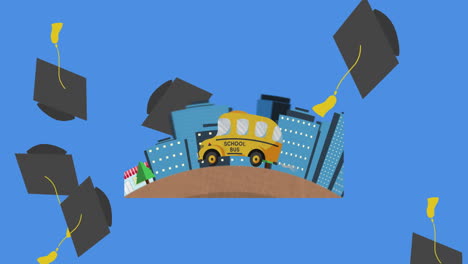 animación digital de los iconos del sombrero de graduación que caen sobre el icono del autobús escolar contra un fondo azul
