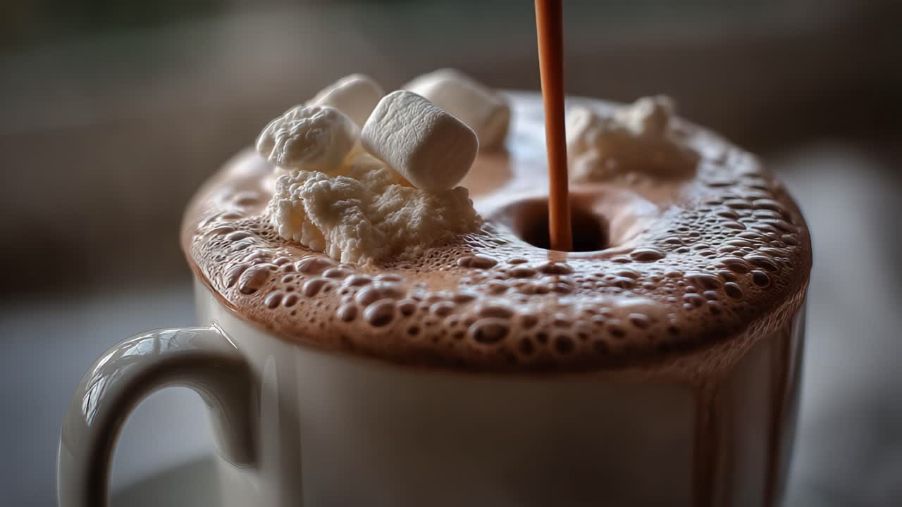 Indulgent Hot Chocolate Experience: The Captivating Moment of Creamy Chocolate Pouring Over Soft Marshmallows in a Cozy Cup