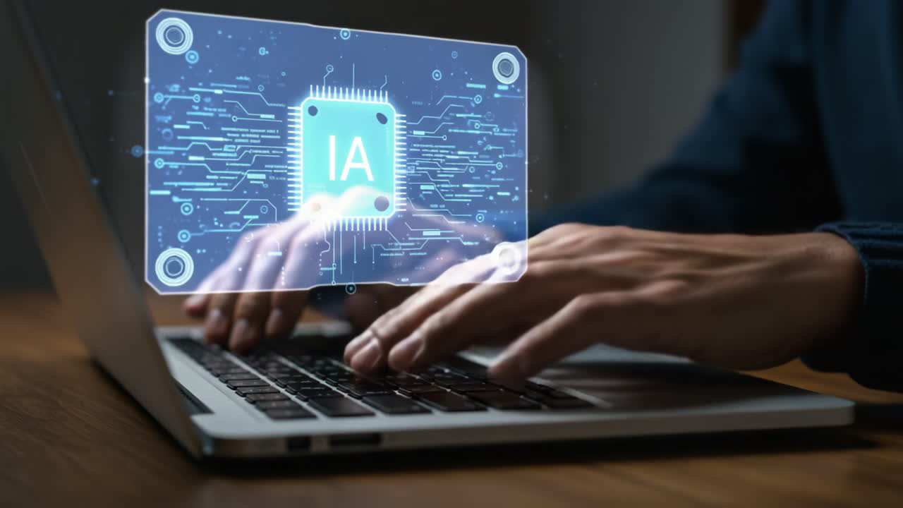 Exploring Artificial Intelligence: A Close-Up Look at Hands Typing on a Laptop with an Integrated AI Chip Projection Reflecting the Evolution of Technology