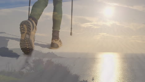 Female hiker trekking on snowy coastal trail, with animated health icons and progress chart
