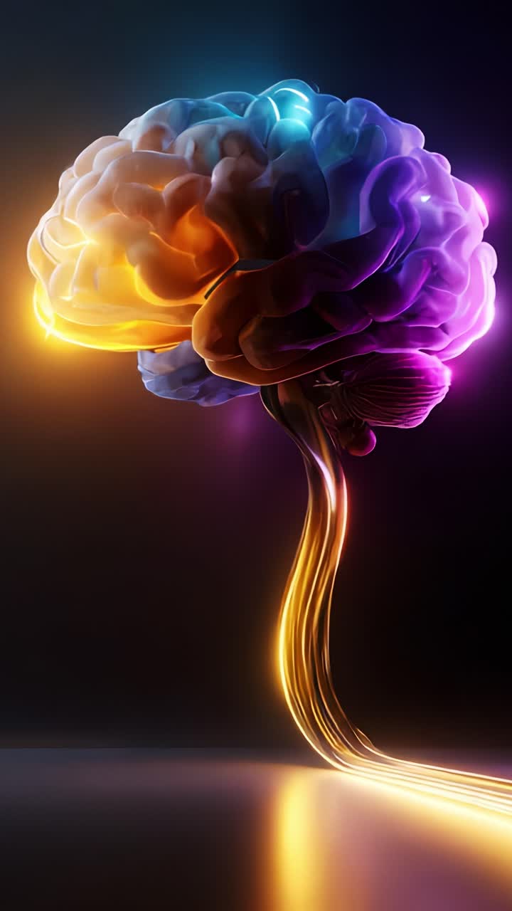 Strutture neurali vivaci che illuminano la potenza del pensiero e della creatività con luci colorate e movimento fluido, a rappresentare i processi cognitivi e l'attività cerebrale