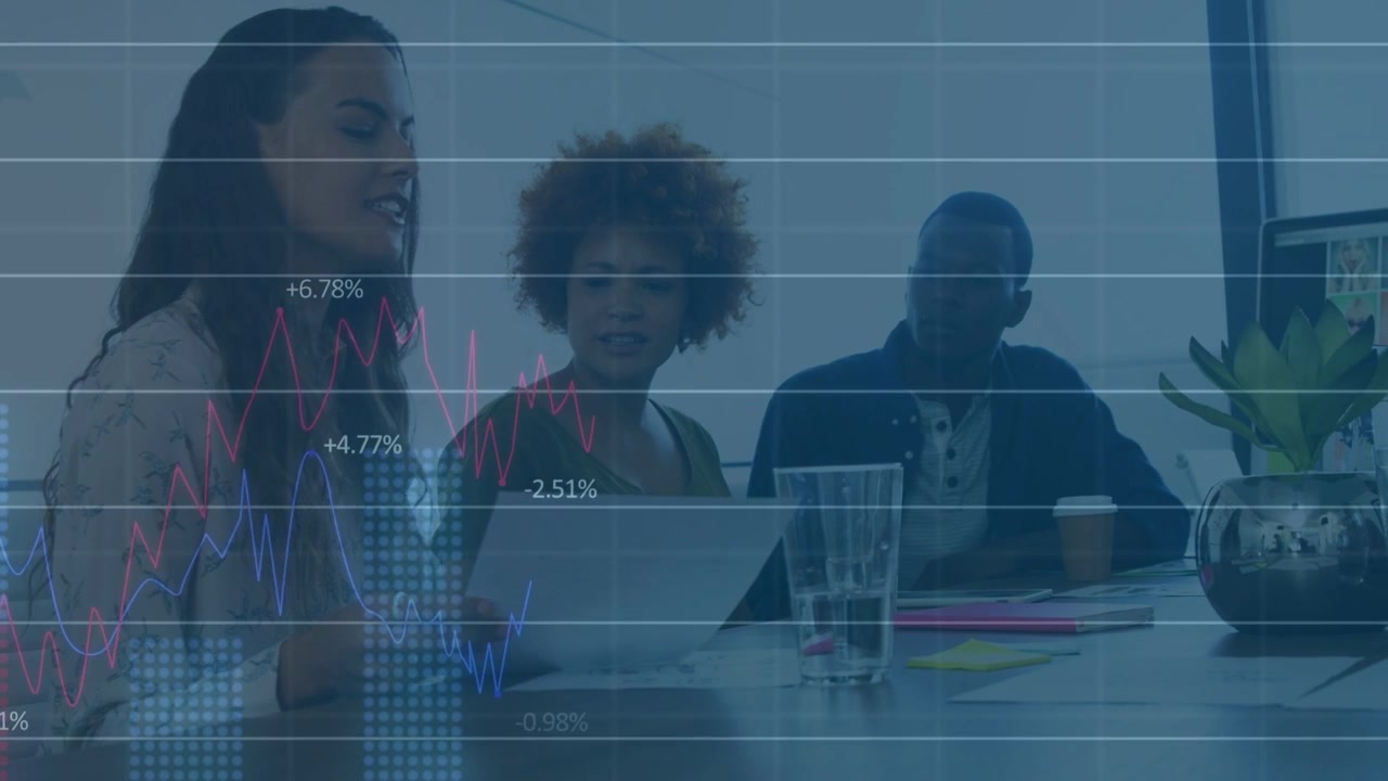 Left presenter tapping smartphone holding paper, team analyzing finance data with charts rising