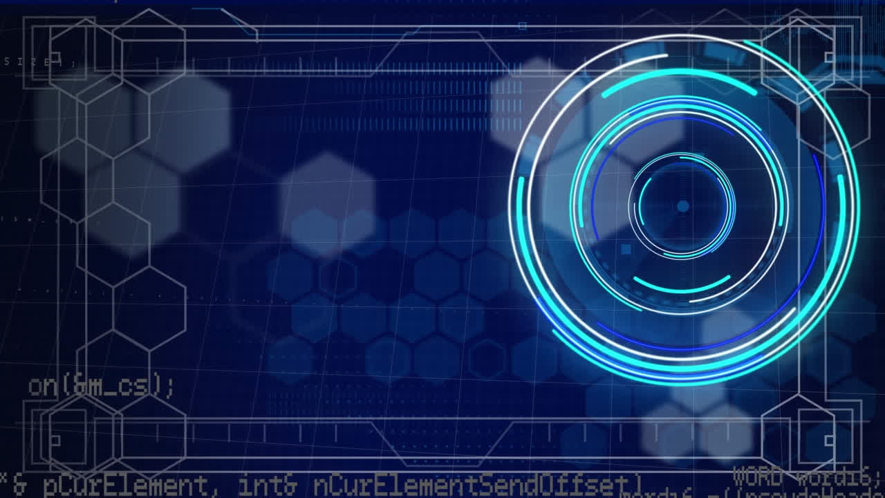 Animation of neon round scanner, hexagonal shapes and data processing against blue background