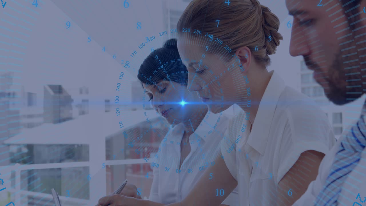 Colleagues capturing business discussion insights with rotating data overlay guiding note-taking