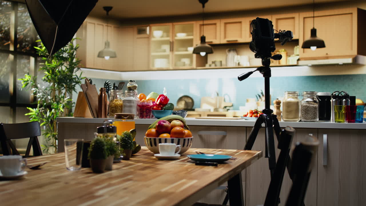 Tyhjä kotikeittiöstudio ruokavlogin ja ateriavalmistelun kuvaukseen.