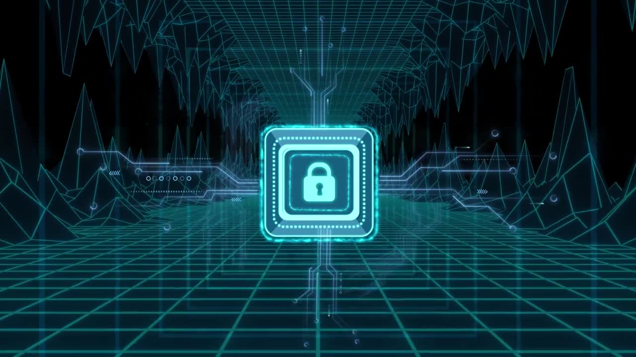 Animation of online security padlock over metaverse and computer circuit board