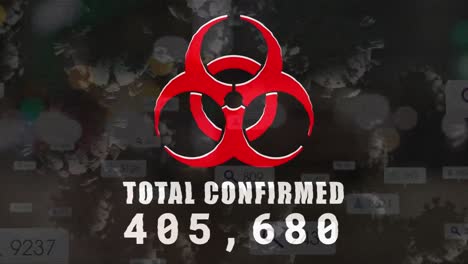 biohazard symbol with increasing cases over covid-19 cells and digital icons with increasing numbers