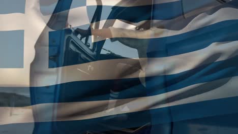 animation of greece flag waving over african american man getting in pick-up truck at beach