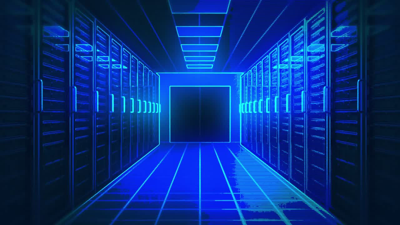파란색 서버 방 위의 디지털 터널의 애니메이션