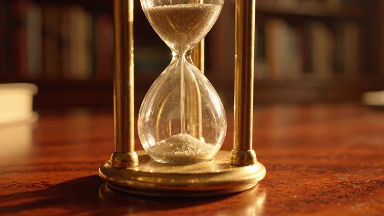 An Elegant Hourglass Capturing the Passage of Time on a Wooden Surface with Soft Focus on Background Elements and Warm Lighting Atmosphere