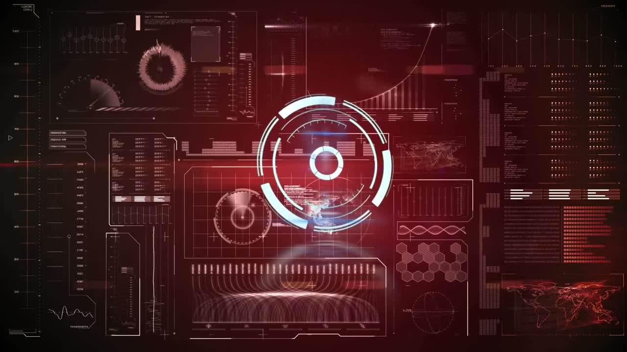 Animation of scope scanning over data processing on red background